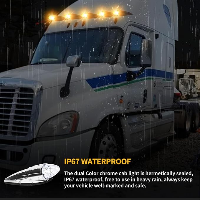 1PC 21 LED Dual Color Chrome Cab Marker Light, Torpedo Cab Marker Roof Running Top Lights, Replacement for Heavy Duty Trucks Kenworth Freightliner Peterbilt International Mack, Amber/Blue