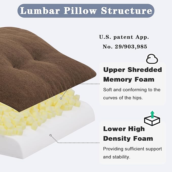 baibu Lumbar Support Pillow for Recliner, Large Memory Foam Dual-Layer Patent Design Back Support Cushion for Sofa & Gaming Chair, Ergonomic Lumbar Pillow with Machine Washable Cover, Brown