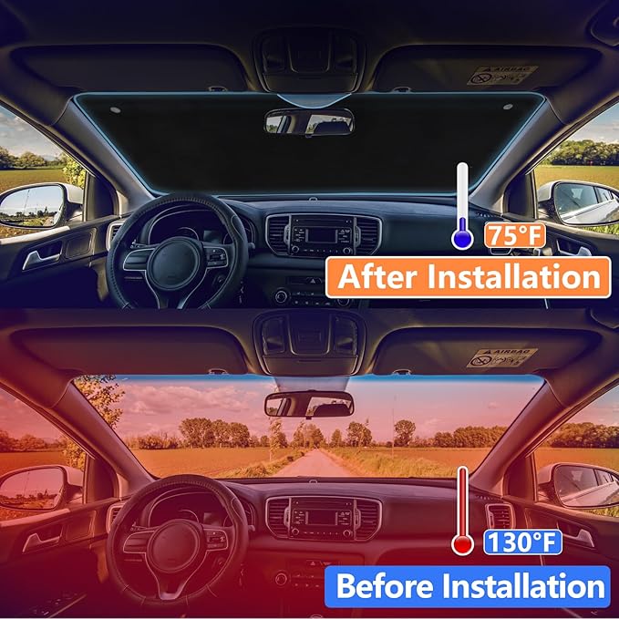 Big Hippo Windshield Sun Shade, Car Window Shade as Bonus Keep Vehicle Cool Windshield Sunshade Protect Your Car from Sun Heat & Glare Best UV Ray Visor Protector -Silver/Black (Size: 55.16X 27.5inch)
