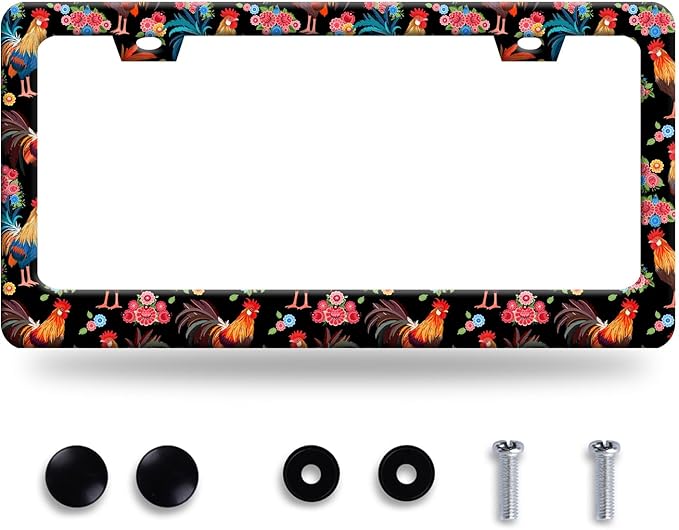 Cute Chicken Flower License Plate Frame Funny Animal License Plate Frames Auto Accessory Bracket Stainless Steel Personalise License Plate for Men Women 6.3 x 12.3 Inch