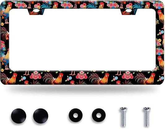 Cute Chicken Flower License Plate Frame Funny Animal License Plate Frames Auto Accessory Bracket Stainless Steel Personalise License Plate for Men Women 6.3 x 12.3 Inch