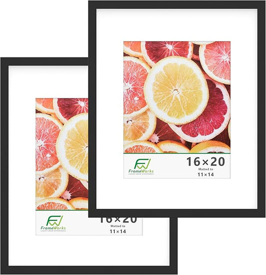 FrameWorks 2-Pack, 16x20 Matted to 11x14 Picture Frame, Black – Classic Wooden Photo Frame with Tempered Glass, Modern Matte Finish for Prints, Posters, Certificates & Wall Decor – Gallery-Ready