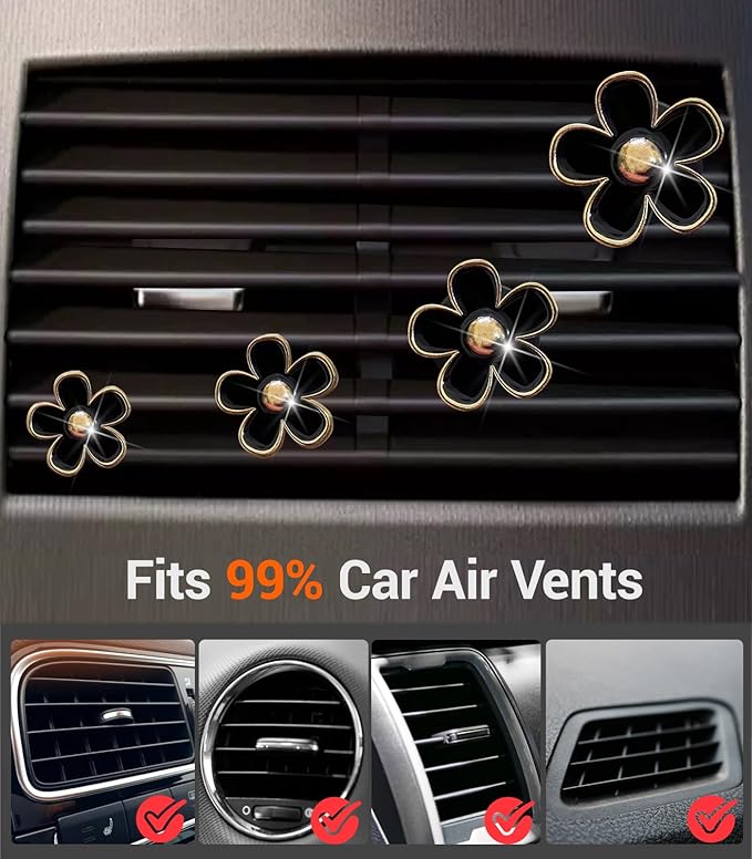 Daisy Flower Car Air Freshener Vent Clips, 4 Pcs Cute Car Accessories for Women Interior, Girly Decor Essentials, Truck Accessories, for Bathroom Office Pet Houses (Black, 3.1cm 2.9cm 2.2cm 1.6cm)