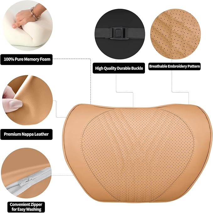 Car Neck Pillow Memory Foam Premium Leather Headrest Neck Support Cushion Universal for Driving Home Office, Palomino Brown,1PC