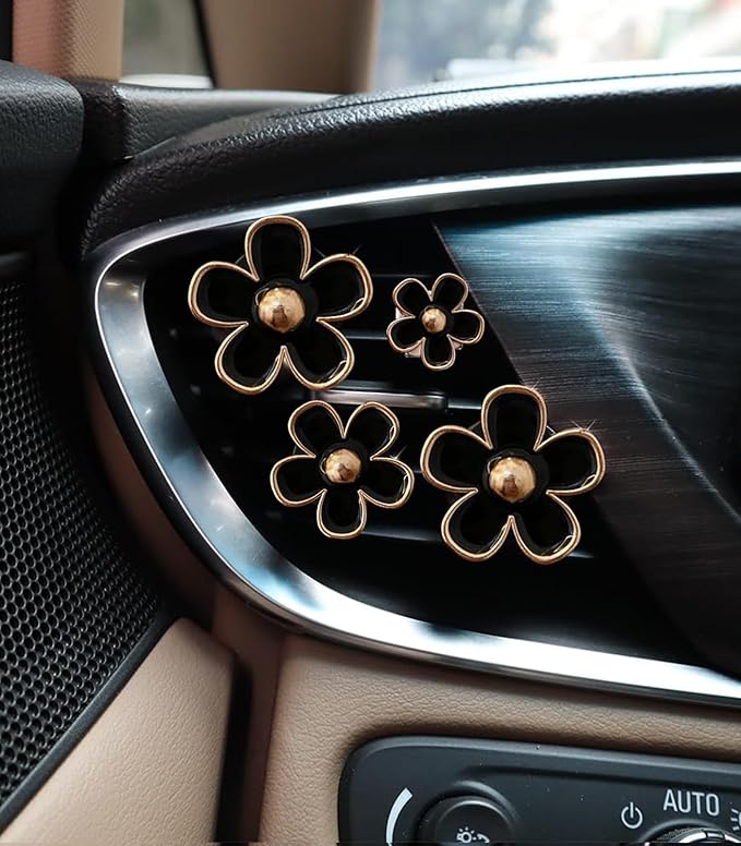 Daisy Flower Car Air Freshener Vent Clips, 4 Pcs Cute Car Accessories for Women Interior, Girly Decor Essentials, Truck Accessories, for Bathroom Office Pet Houses (Black, 3.1cm 2.9cm 2.2cm 1.6cm)