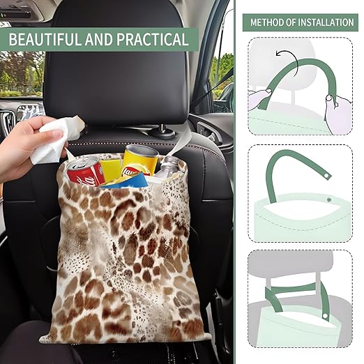 Cute Car Trash Can, Hanging Canvas Car Back Seat Organizer and Storage Bag, Funny Car Trash Bag For Travelling, Outdoor Cute Brown Leopard Pattern
