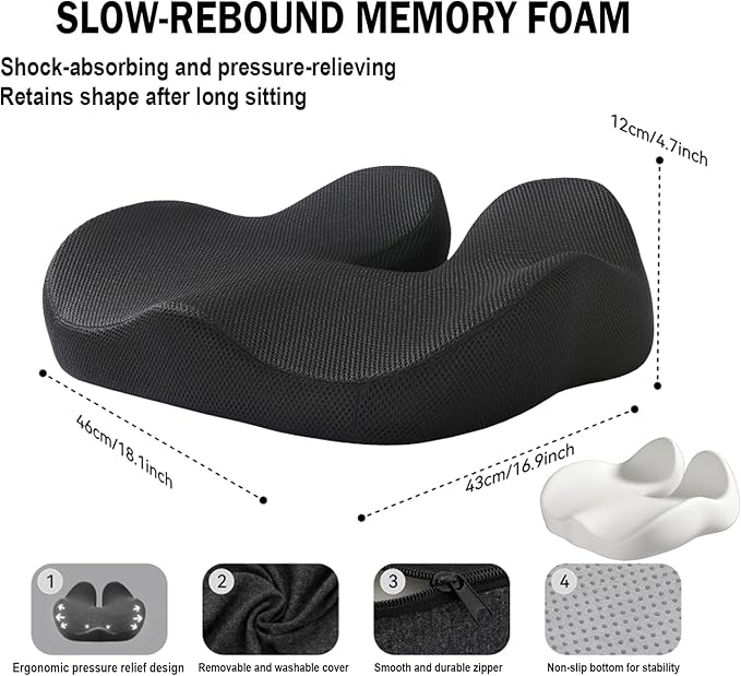 Memory Foam Seat Cushion for Office Chair, Car, Wheelchair – Coccyx Tailbone Support Pad for Sciatica & Back Pain Relief, Ergonomic Chair Cushion for Home, Travel, Work Desk (Black)