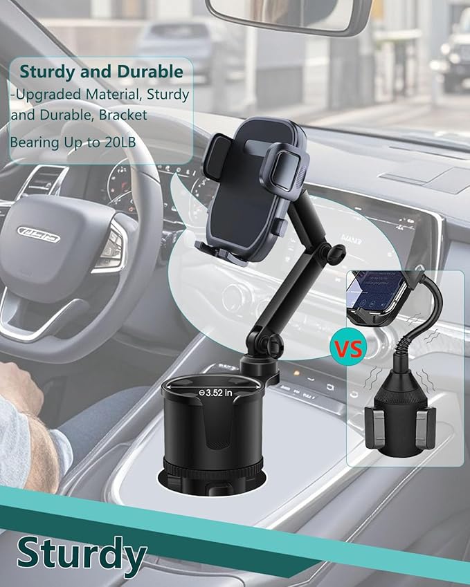 Cup Phone Holder for Car with Expandable Base, 2 in 1 Adjustable Hands Free Cell Phone Holders Car Cupholder Mount, Friendly Fit Large Bottle & iPhone All Cellphone for Truck SUV | No Shake Design