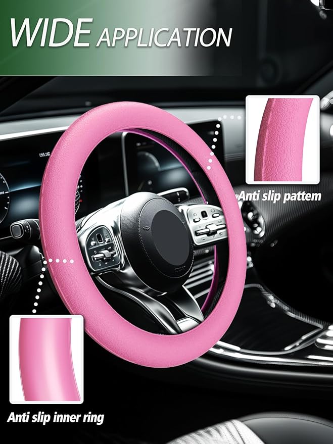 LRITER Car Steering Wheel Cover, Non-Slip Silicone Material, Multiple Color Choices, Universal Auto Parts Steering Wheel Cover, Suitable for Most Cars (Pink)