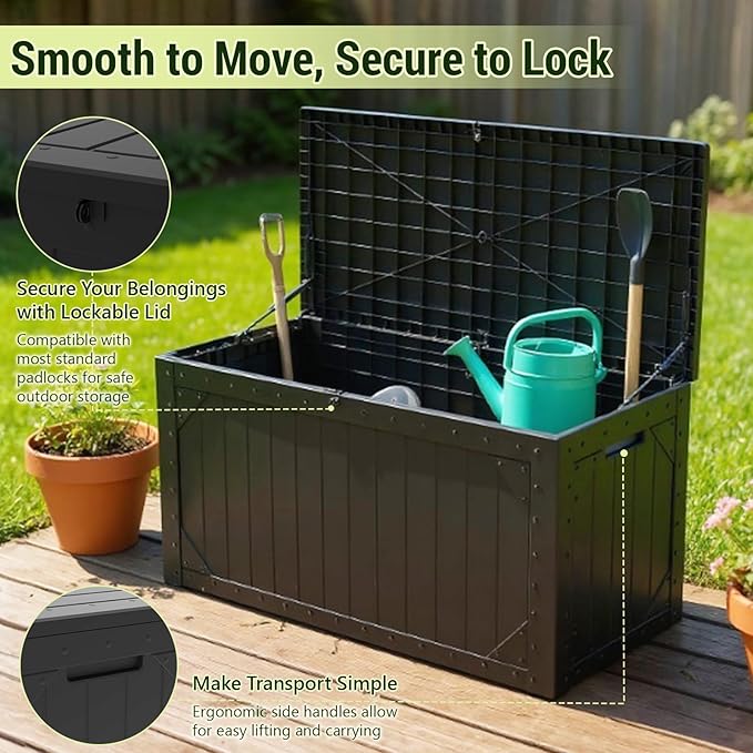 100 Gallon Outdoor Storage Box Waterproof Lockable Resin Deck Box Large, Patio Storage Bin for Pool Accessories Cushion Furniture, Garden Tools, UV-Resistant Outside Delivery Black