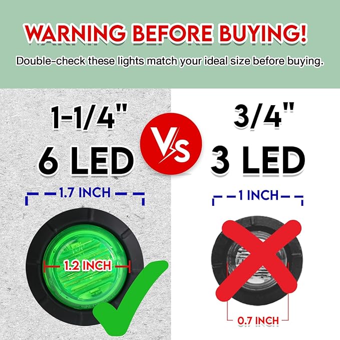 10 Pcs of 1-1/4 Inch Green Lights with 6 LEDs Mount Clearance Side Marker Lamp Bullet Marker Trailer Lights Universal 12V DC Vehicles RV Truck Pickup Van Boat Mack