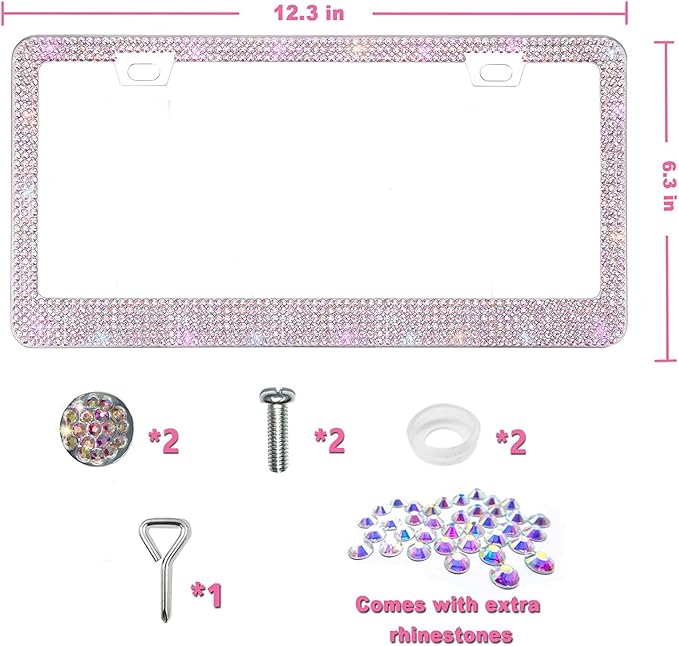 Bling License Plate Frame - Stainless Steel Colorful Rhinestones Car Accessories with 1200 Crystals, Universal Fit Decorative Diamond Plate Covers for Women Men All Cars