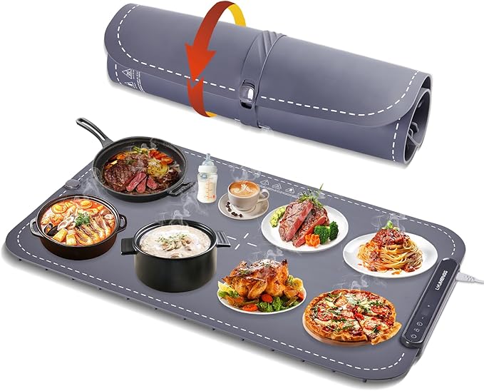 Warming Mat for Food,10s Rapid Warm Food Warming Mat,3-Temp Portable Food Warmer,Fast Heating Auto Shut Off Chafing Dishes For Buffet,Roll Up Food Warmers For Parties Buffet Roll-up Silicone Buckle