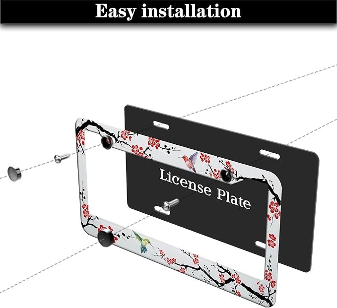Automotive Exterior Accessories Black, White, and Red License Plate Frames Hummingbird Flowers Universal Aluminum Car Accessory 2 Pack with Screw Covers Set