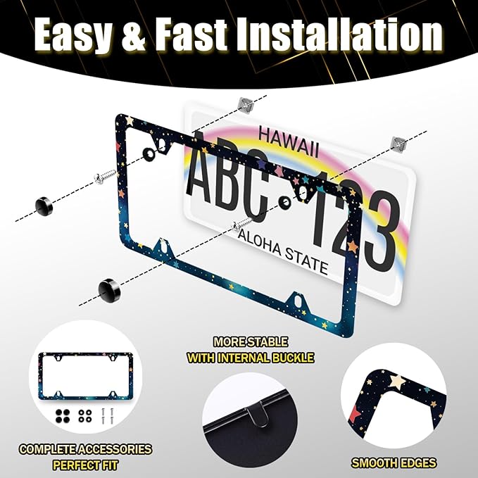 Night Stars License Plate Frame Galaxy Starry Sky License Plate Stainless Steel Funny Accessory Cars Decor for Men Women 12.2 X 6.2 Inch with 4 Holes and Screws Fits Standard Us Ca Vehicles