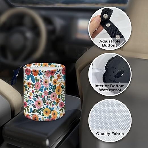 Daisy Rose Car Trash Can Foldable Rubbish Bin Basket Bag Hanging Cup Holder Organizer with Strap Mini Car Interior Accessories for Fit Most Cars, SUVs, Trucks