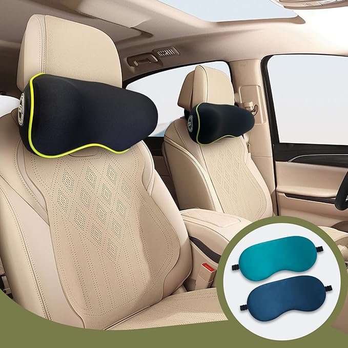 Really Chic Car Headrest Pillow, Car Pillow for Driving with Adjustable Strap, 100% Memory Foam Neck Pillow, Ergonomic Design - 2 Pack Car Neck Pillow(Includes 2 Eye Masks, Yellow Side Rope)
