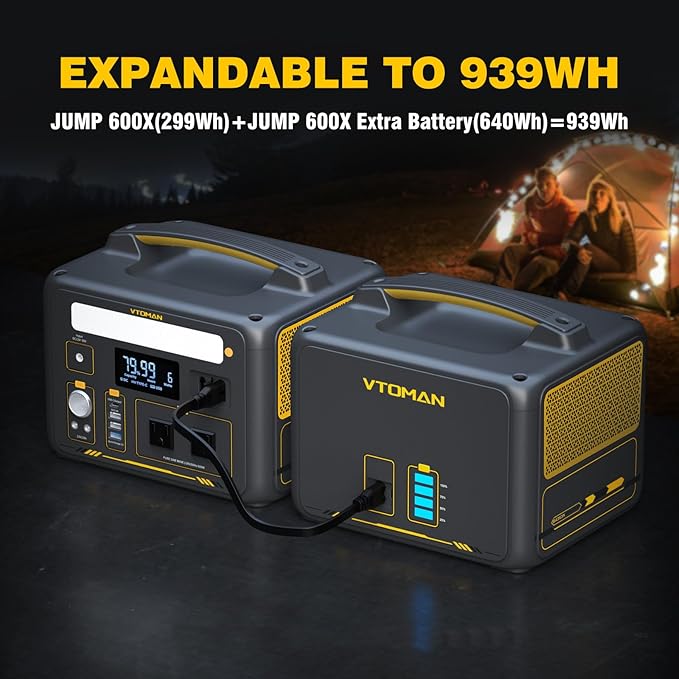 VTOMAN Jump 600X 600W Portable Power Station with 640Wh Extra Battery,939Wh Solar Generator LiFePO4 Battery, 1200W AC Outlet, PD 60W USB-C, 3x Regulated 12V/10A DC for Camping, Off-grid, Home Backup