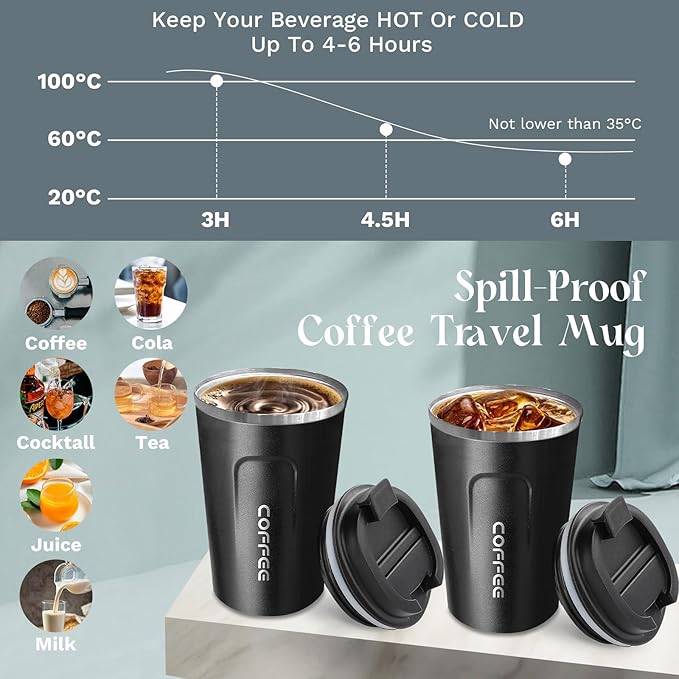 YINBAOGE Insulated Travel Coffee Mug, Spill & Leak Proof, Portable To Go Camping Stainless Steel Coffee Tumbler, Reusable Thermal Coffee Cup with Lid for Hot & Cold Drinks (2nd-Black, 17 OZ)