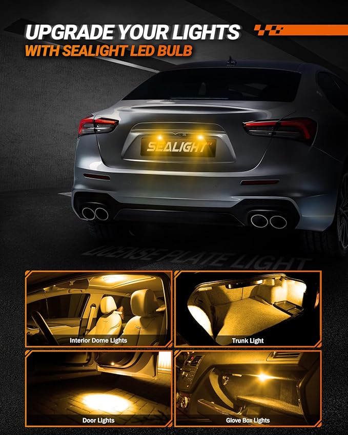 SEALIGHT 194 LED Light Bulbs Amber & Yellow, W5W 168 2825 T10 Car Interior Light Bulb Replacement for License Plate Light, Dome Light, Map Light, Courtesy Light, Pack of 6
