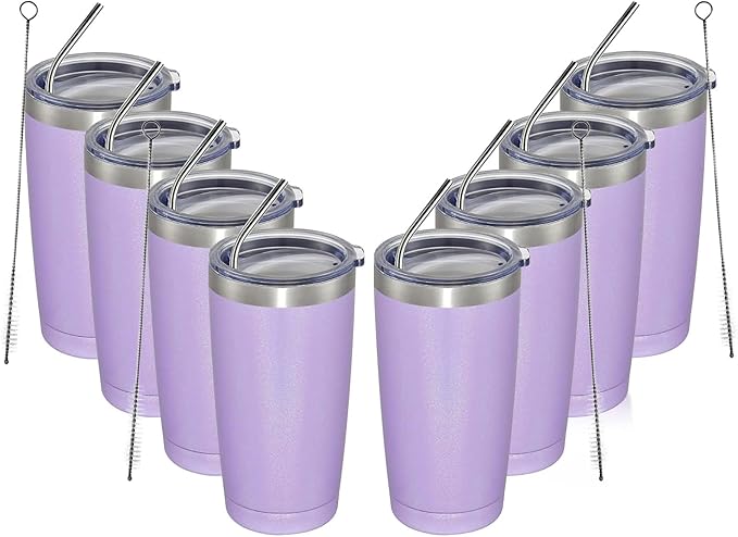 MEWAY 20oz Tumbler 8 Pack Double Wall Vacuum Insulated Travel Glitter Mug Bulk, Stainless Steel Tumblers with Lid and Straw, Powder Coated Coffee Cups for Woman(Rainbow Purple,Set of 8)