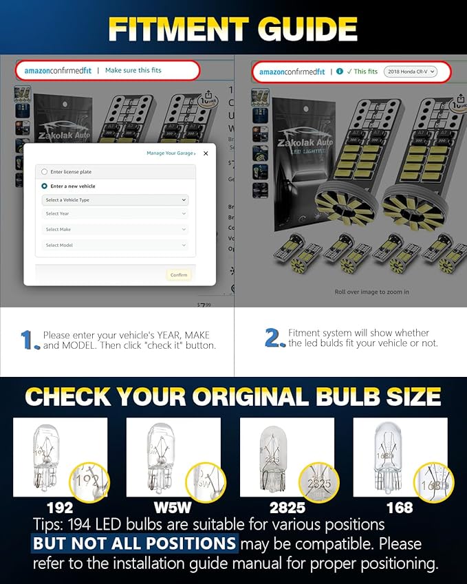 10Pcs 194 T10 168 W5W 2825 LED Bulb, Super Bright LED Car Interior Dome Map Camper RV License Plate Light Bulbs, Upgraded 25-SMD 3014 Chipsets 12V 400LM 6500K Xenon White