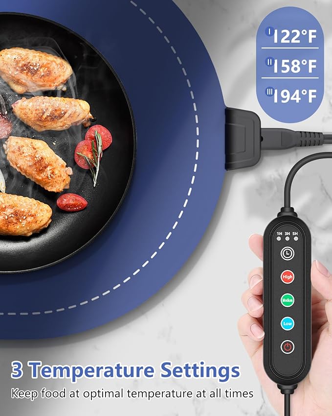 Warming Mat for Food with Adjustable Temperature Timer,10S Fast Heating Silicone Food Warmers for Parties Buffet and Home Daily,Food Warming Mat with Insulating Pad Raised Feet Protects Table