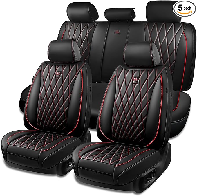 CAR PASS Nappa Leather Car Seat Covers Full Set, Luxury Seat Protector for Cars, Waterproof Anti-Slip Seat Cushion Airbag Compatible Fit for Most Cars Vehicles SUV Trucks, Airbag Compatible, Black Red