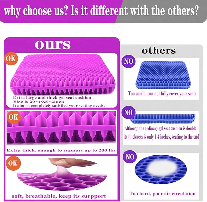 Plus Size Gel Seat Cushion, Extra Large and Thick, Seat Cushion for Buttocks, Back, Sciatica, Tailbone Pain Relief, Used for The Office, Wheelchair, Car, Recliner, Truck, Medical, Stadium.(Rose red)