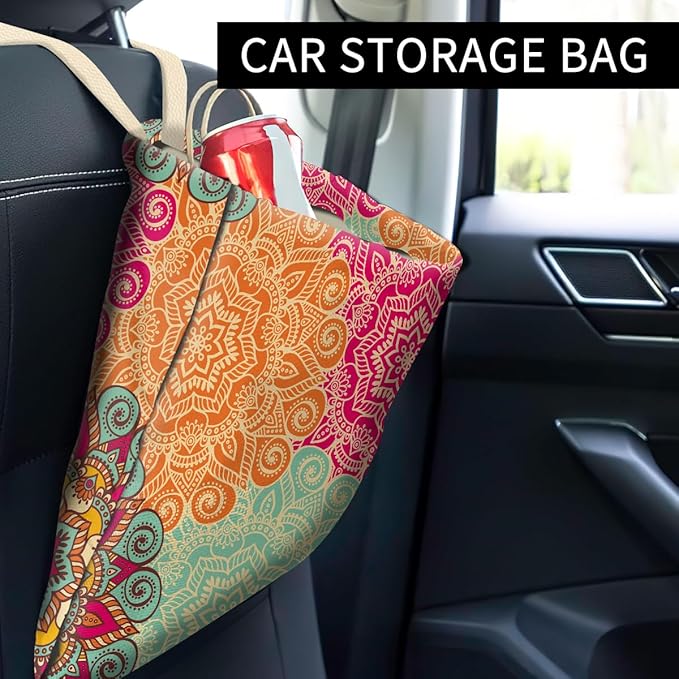 Cute Car Organizer and Storage Bag, Hanging Trash Bin for Vehicle, Travelling, Camping - Colorful Flowers Pattern