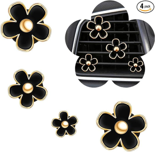 Daisy Flower Car Air Freshener Vent Clips, 4 Pcs Cute Car Accessories for Women Interior, Girly Decor Essentials, Truck Accessories, for Bathroom Office Pet Houses (Black, 3.1cm 2.9cm 2.2cm 1.6cm)