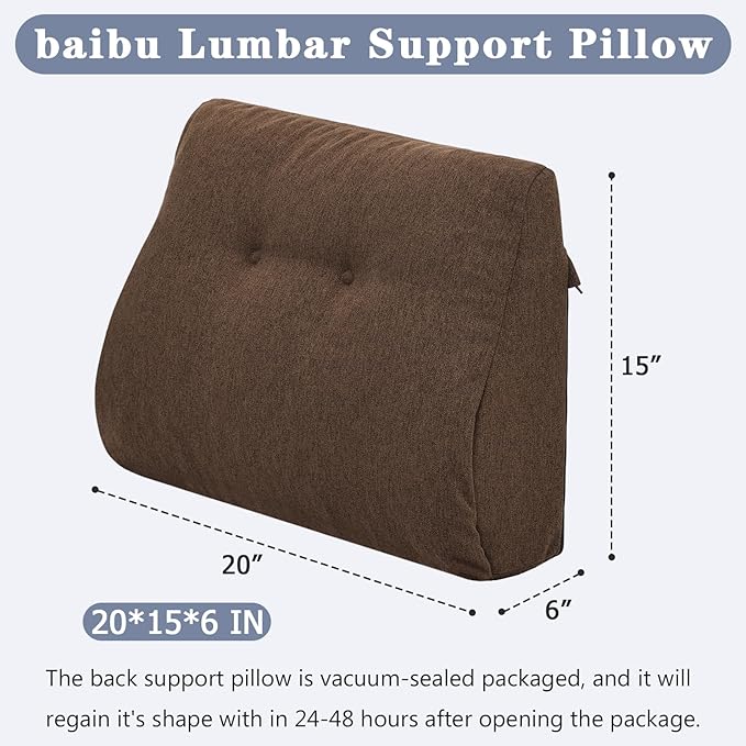 baibu Lumbar Support Pillow for Recliner, Large Memory Foam Dual-Layer Patent Design Back Support Cushion for Sofa & Gaming Chair, Ergonomic Lumbar Pillow with Machine Washable Cover, Brown