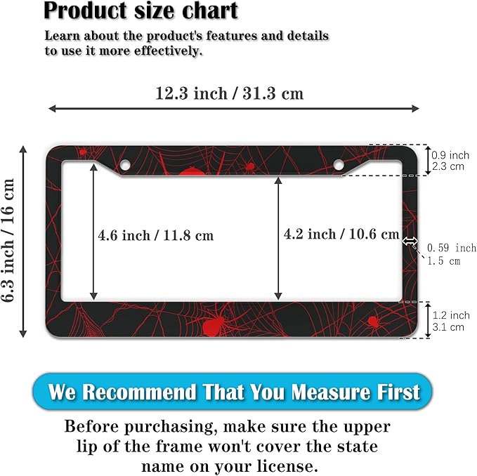 Custom License Plate Frame Red and Black License Plate Frames Red Spider Web Universal Aluminum Car Accessory 2 Pack with Screw Covers Set