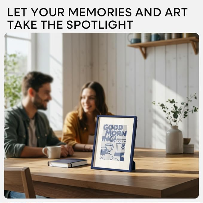 Homeforia 8.5x11 Navy Blue Frame, High End Metal 8.5 x 11 Picture Frames with Mat 6 by 8 inch Photo, 11x8.5 Poster Frame Matted to 6x8 Print, Wall or Tabletop Frame, Tempered Glass, Wall Kit, Set of 1