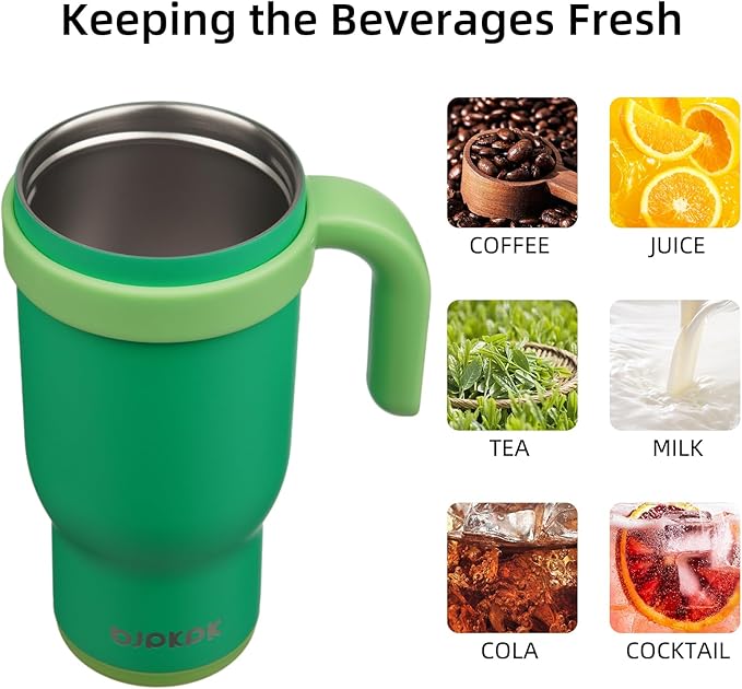 BJPKPK 14 OZ Insulated Travel Tumbler with Handle and Straw, Stainless Steel Water Bottle, Double Wall Vacuum Insulated Mug, for Work, Car, Travel, Olive Green