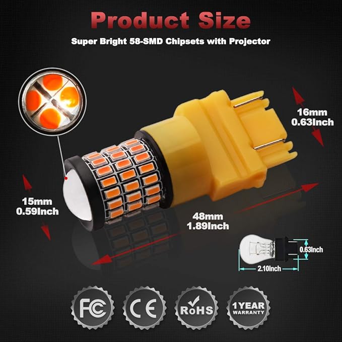 Yorkim 3157 LED Bulb Amber, Turn Signal Bulb Yellow, Bright 3156 3457A 4057 4157 LED Light for Front Rear Turn Signal Light Blinker DRL Marker Parking Lights, Pack of 2