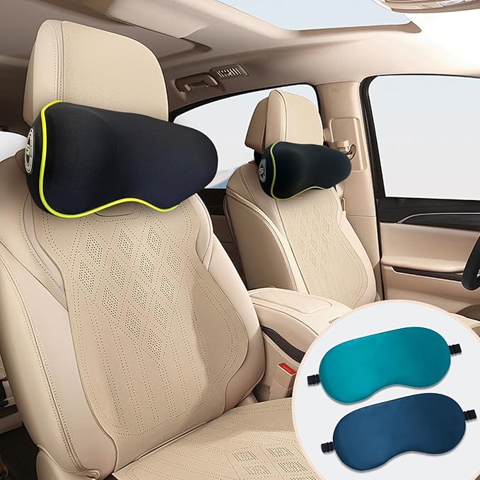 Really Chic Car Headrest Pillow, Car Pillow for Driving with Adjustable Strap, 100% Memory Foam Neck Pillow, Ergonomic Design - 2 Pack Car Neck Pillow(Includes 2 Eye Masks, Yellow Side Rope)