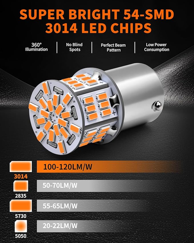 AUXLIGHT 1156 LED Bulbs 54-SMD 300% Super Bright BA15S 7506 1141 1003 LED Light Replacement for Car Truck Turn Signal Side Marker Lights & RV Camper Trailer Interior Lights, Amber Yellow(Pack of 6)