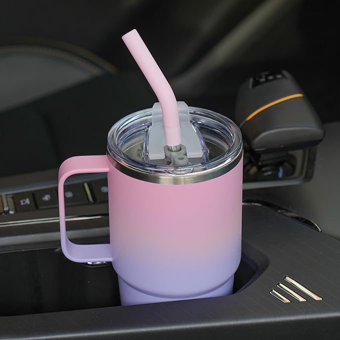 Sursip 24 oz Insulated Cup with Handle, Double Wall Vacuum Stainless Steel Tumbler with Straw and 2 Lids, For Cold/Hot Drinks, Coffee Travel Mug for Car/Home/Office/Party/Camping (Pink&Purple-1 Pack)