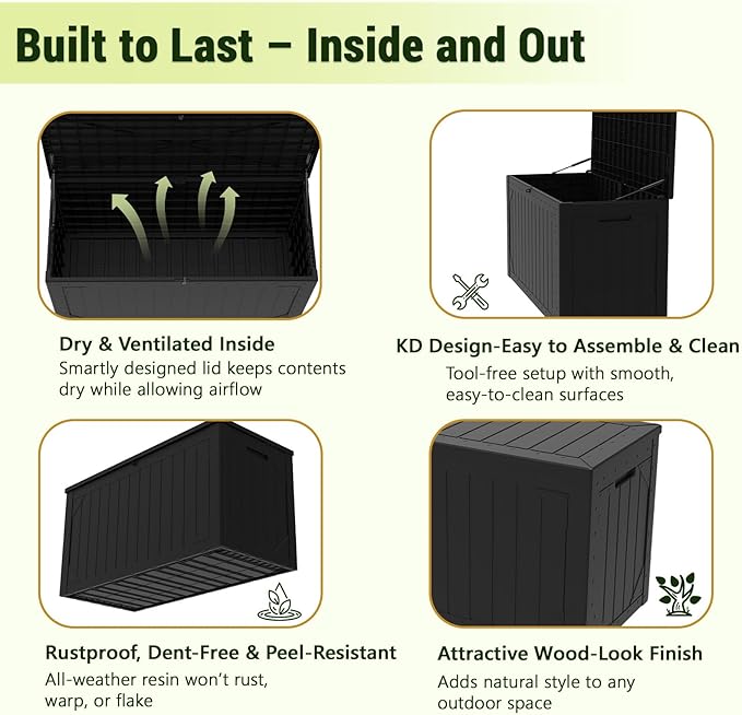 100 Gallon Outdoor Storage Box Waterproof Lockable Resin Deck Box Large, Patio Storage Bin for Pool Accessories Cushion Furniture, Garden Tools, UV-Resistant Outside Delivery Black