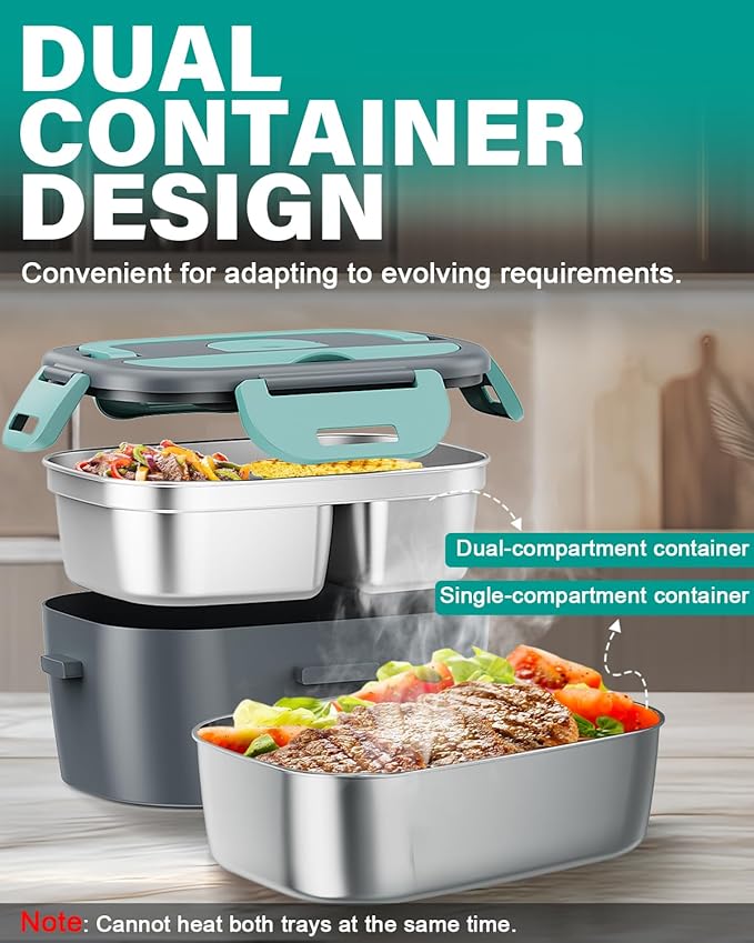 Electric Lunch Box for Men, Women & Adults - 80W Fast Heating - Heated Lunch Box with Dual 1.5L SS Containers - Portable Food Warmer for Car, Truck, Office