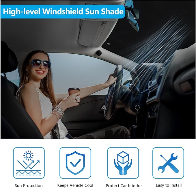 Big Hippo Windshield Sun Shade, Car Window Shade as Bonus Keep Vehicle Cool Windshield Sunshade Protect Your Car from Sun Heat & Glare Best UV Ray Visor Protector -Silver/Black (Size: 55.16X 27.5inch)