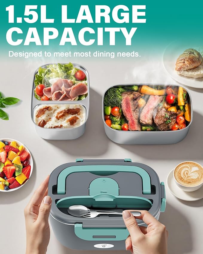 Electric Lunch Box for Men, Women & Adults - 80W Fast Heating - Heated Lunch Box with Dual 1.5L SS Containers - Portable Food Warmer for Car, Truck, Office