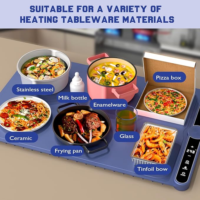 Smart Warming Mat for Food, Upgrade Waterproof Foldable Heating Mat, Food Warming Mat with 9 Level Adjustable Temperature and 6-Speed Timing, Easy to Clean Food Warmers for Buffet,Party,Thawin (Blue)