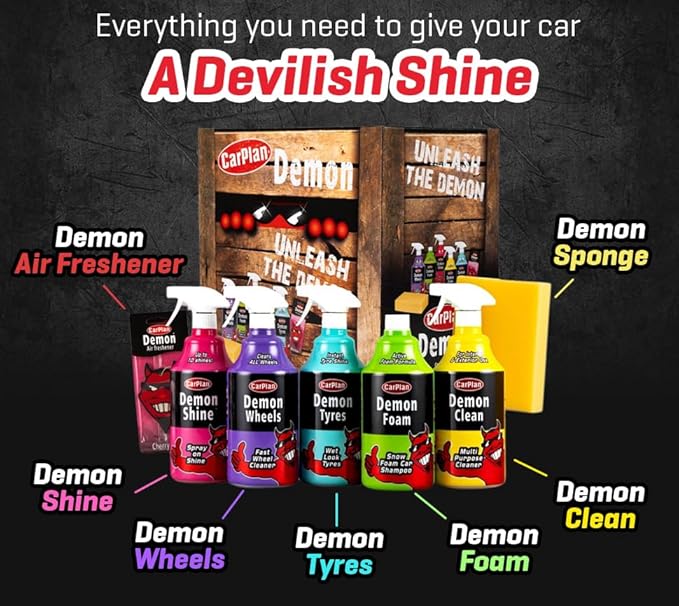 CarPlan Demon Car Wash Kit - 7 Piece Set Includes Car Wash Soap, Wheel Cleaner, Tire Shine, Interior Cleaner, Demon Shine, Air Freshener & Sponge