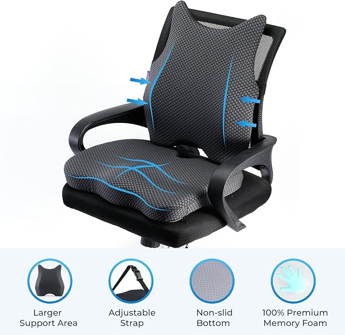 Seat Cushion & Lumbar Support Pillow: Memory Foam Chair Pad Back Cushion for Office Chair Car Seat Wheelchair Travel, Reduce Tailbone Pressure and Improve Comfort, Orthopedic Sciatica Hip Pain Relief
