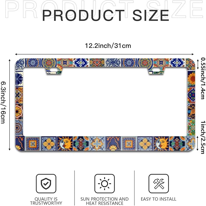 Mexican Tiles License Plate Frame Boho License Plate Frames Aluminum Car Accessories Cover with 2 Holes and Screws 12 x 6 Inch for Front Rear Car Plate Decor for Women Men