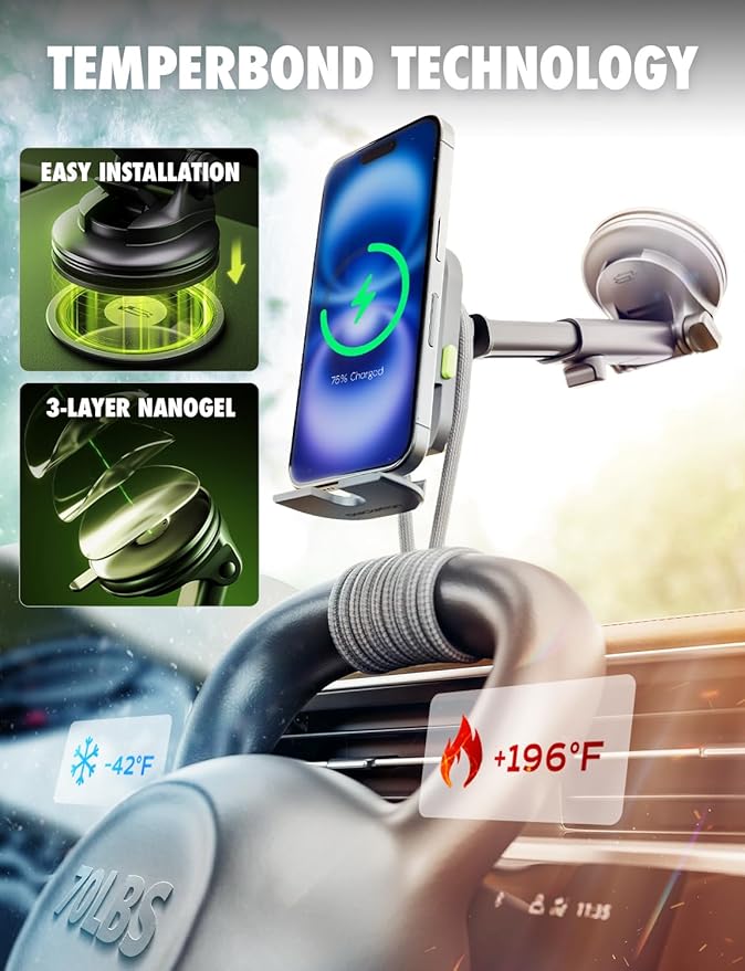 Bracketron MagAlign Extend 15W Magsafe Car Mount Charger, Magnetic Car Phone Holder Charger Wireless Car Charger for iPhone 16 Pro Max 15 14 13 12,Vent/Windshield/Dash Phone Mount Holder Fast Charger