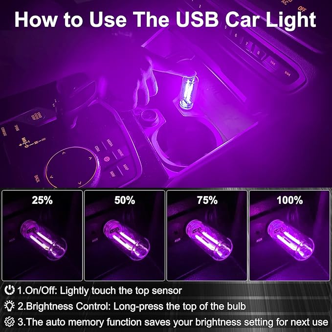 2 PCS Car USB Night Light Bulb, Touch Dimmable Car Interior Ambient Lights, Portable Mini USB Retro Glass Bottle Lamp Decorations for Vehicle, Bedroom, Hallway, Camping (Purple)