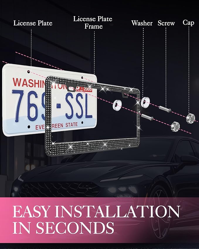 AUJEN Bling License Plate Frame for Women, Stainless Steel Cute Car Accessories, Lasting Sparkly License Plate Holder with Diamond Rhinestone Crystals, 2 Pack Gift Box Set, Pink & Black, 12.2" x 6.2"